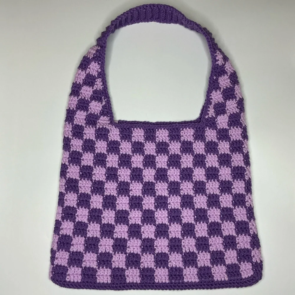 Handmade Amethyst & Soft‎ Purple Checker Checkerboard Crochet Shoulder Tote Bag